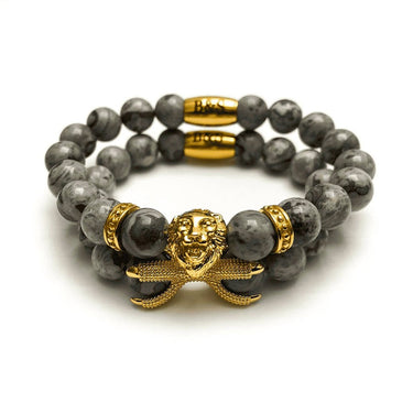 Man Bracelets - Men’s Beaded Bracelets - Gold Lion & Grey Stones Set - gold bracelet for man Bracelet XS (14-15cm) Brother & Sisters
